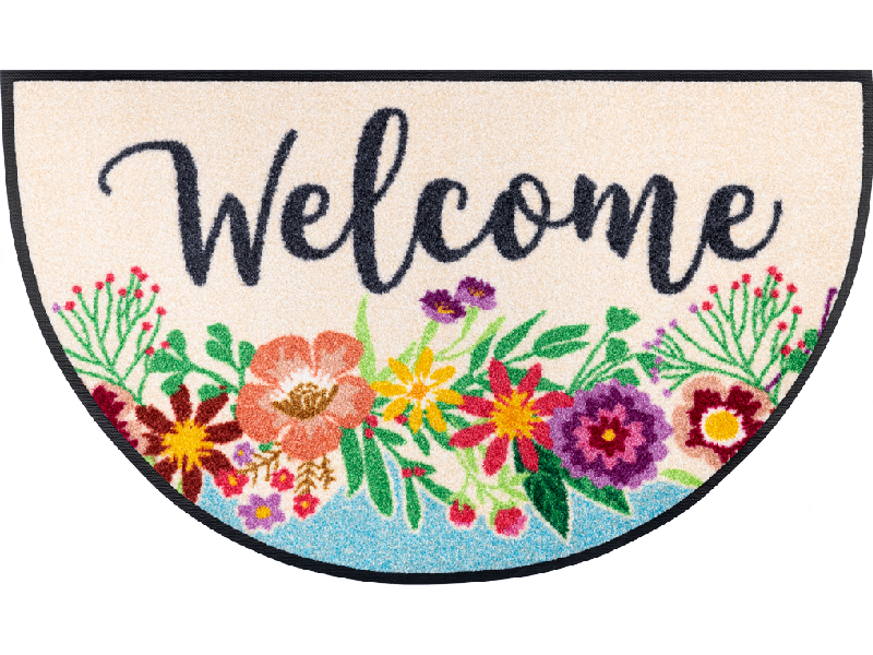 halbrunde Fußmatte mit Blumen und Schriftzug "Welcome"