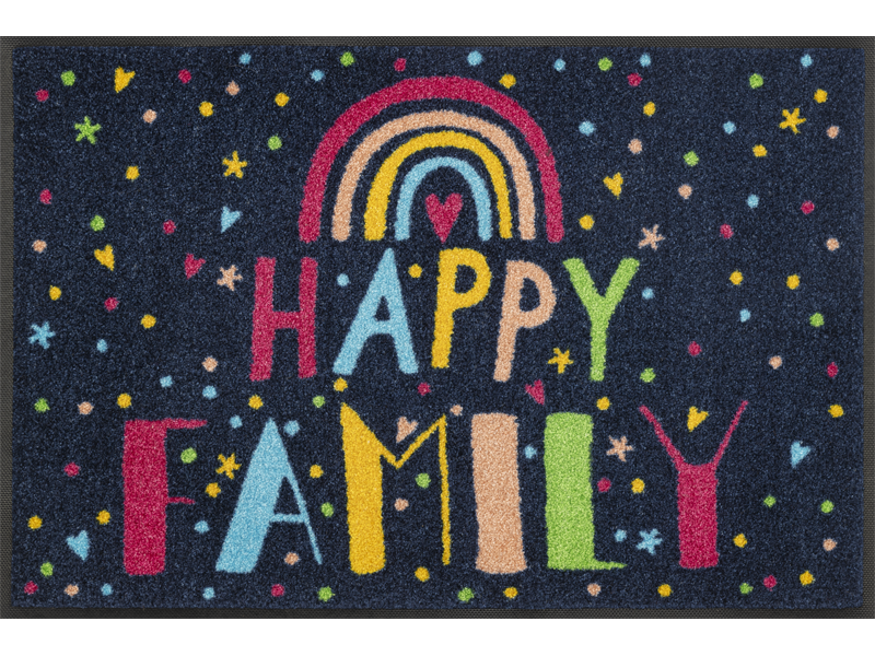 dunkelblaue Fußmatte mit buntem Schriftzug "Happy Family" und Regenbogen