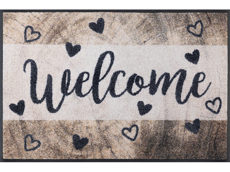 Fußmatte mit Aufschrift "welcome" mit Holz